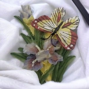 Ceramic Butterfly Fridge Magnet Floral Design with Lavender Flowers Decorative